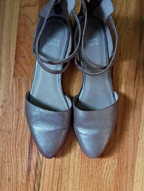 Eileen Fisher Metallic Taupe Pointed-Toe Ankle-Strap Flats